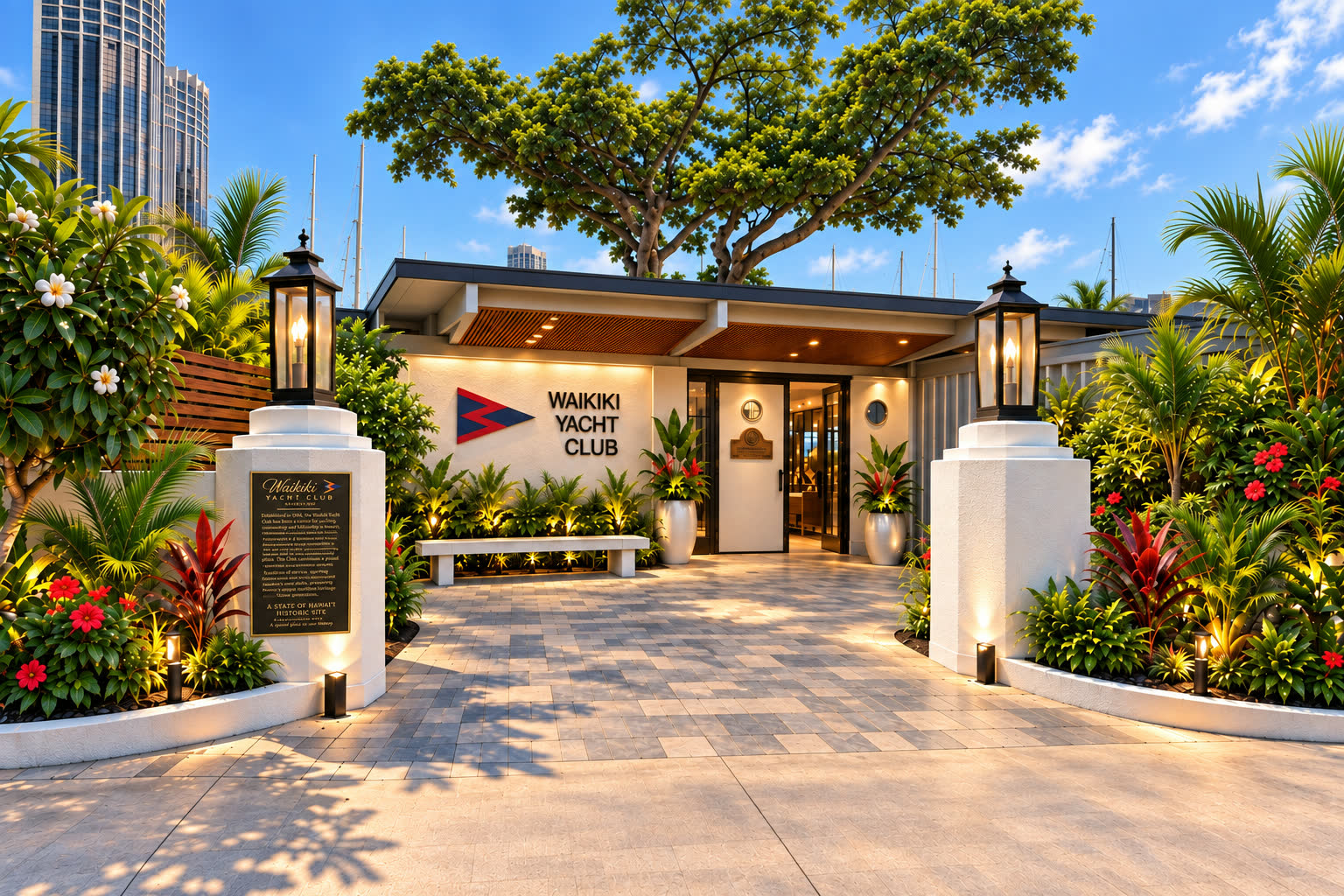 Artist's rendering of the restored entry courtyard, lanterns and historic marker