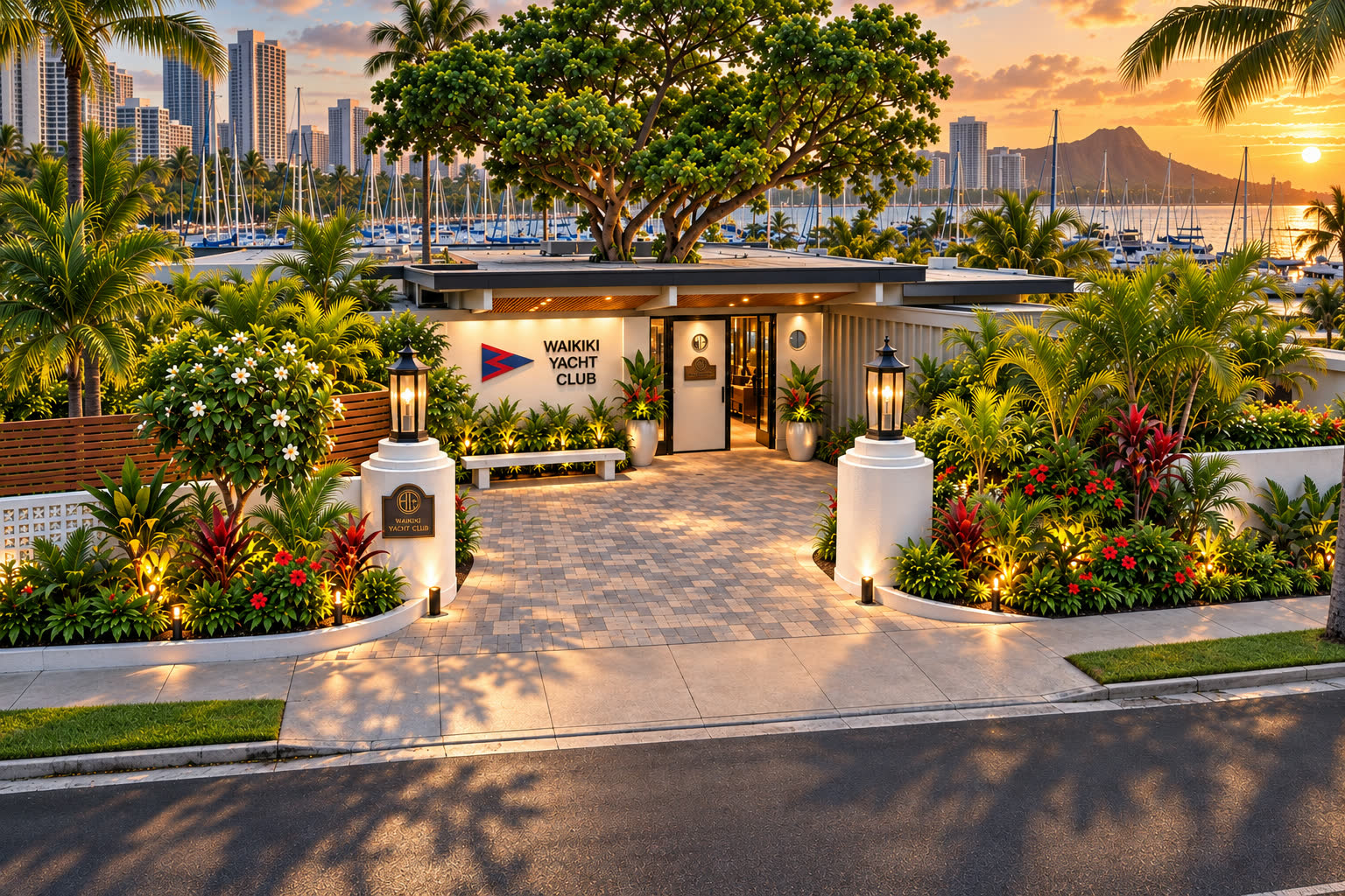 Artist's rendering of a restored entrance to the Waikiki Yacht Club at sunset